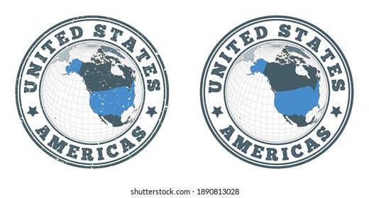 Logotipos de la ronda de USA. Señales circulares de país con mapa de EEUU en contexto mundial. Sellos de país simples y texturados. Ilustración vectorial.