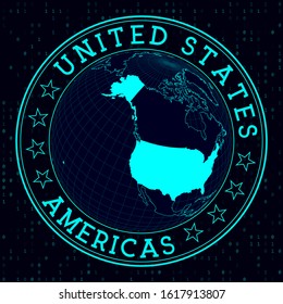 USA round sign. Futuristic satelite view of the world centered to USA. Country badge with map, round text and binary background. Creative vector illustration.