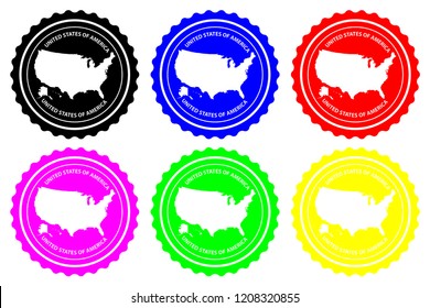 USA - rubber stamp - vector, United States of America continent map pattern - sticker - black, blue, green, yellow, purple and red