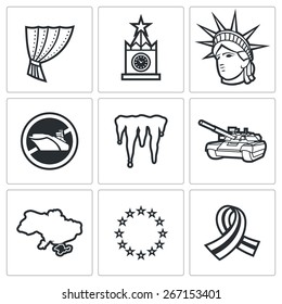 USA Russia Conflict Icons: Iron Curtain Kremlin Statue Of Liberty Mistral Cold War Tank Crimea EU Separatists. Vector Illustration