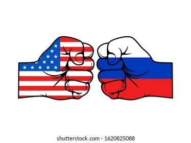 USA and Russia conflict vector concept, two fists in colors of American and Russian Federation flags. Political, economic and military confrontation of two countries, America vs Russia themes