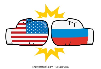 Usa Russia Relations, Boxing Gloves With Flags Hit 