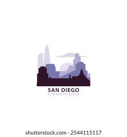 USA Logotipo de San Diego con horizonte, Vector retro de paisaje urbano. Estados Unidos de América, California horizonte de la ciudad, fachada, logotipo de viaje