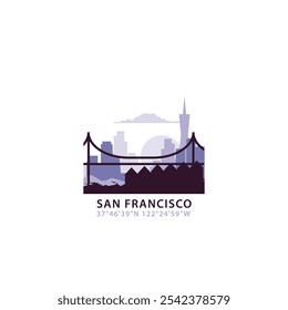 USA Logotipo de San Francisco con el horizonte, icono de Vector retro de paisaje urbano. Estados Unidos de América, California horizonte de la ciudad, fachada, logotipo de viaje