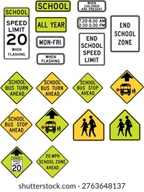 USA School Zone Signs and Traffic Plaque Symbols Vector Set Bundle Illustration