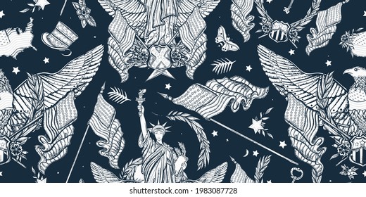 USA seamless pattern. American history and culture background. United States of America concept. Old school tattoo style. Patriotic eagle and flag 