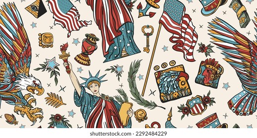 USA seamless pattern. American history and culture background. Old school tattoo style. Patriotic eagle, statue of liberty and flag. United States of America concept