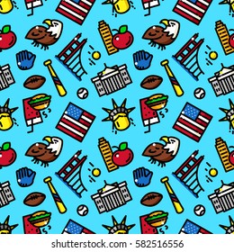 USA seamless pattern with objects in line style, country vector illustration