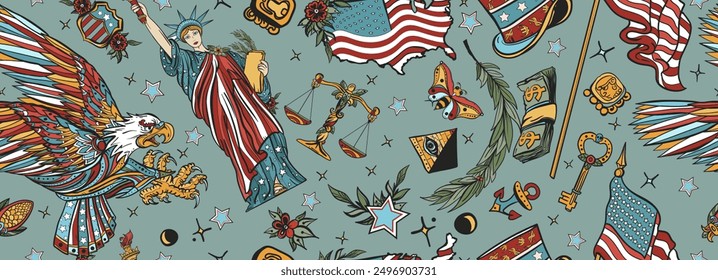 USA seamless pattern. Patriotic eagle, statue of liberty and flag. United States of America concept. American history and culture background. Old school tattoo style