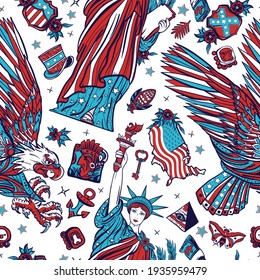 USA. Seamless pattern. United States of America concept. Statue of liberty, eagle, flag, map. American history and culture, patriotic background. Old school tattoo style 