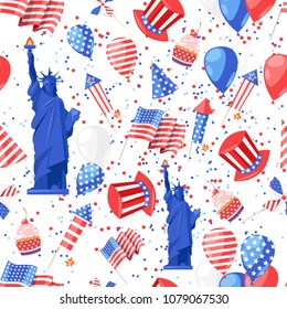 USA seamless pattern. Vector print background. American national symbols, celebration Independence Day.