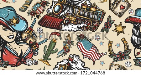 USA seamless pattern. Wild West art. Western background. Cowboy girl, train, sheriff star, guns and golden horseshoe. American history background. Old school tattoo style 