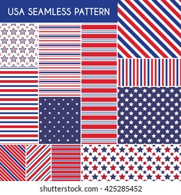 USA seamless patterns. Vector illustration for america design. 4th of July United Stated independence day. Fourth of July greeting card, banner, background. Navy, red. Patriotic stripe star set