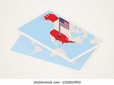 USA selected on map with isometric flag of United States. Vector paper map.