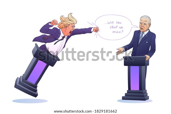 USA, September, 2020. Presidential debates\
between Donald Trump and Joe Biden. Angry candidate tries to\
interrupt his ironic opponent and punches a cartoon speech bubble.\
Vector political\
caricature.