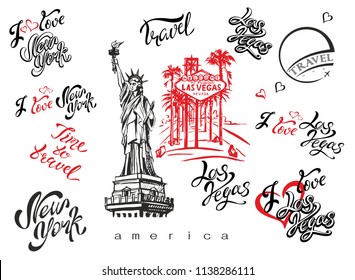 USA. Set of elements for design. Las Vegas. New york. Landmark sketches . Statue of liberty. Inspiring lettering. Templates of ready-made labels. Vector.