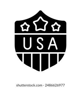 Icono de escudo USA. Escudo rojo, blanco y azul con estrellas y texto USA. Orgullo nacional y concepto de patriotismo.