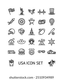 USA Sign Black Thin Line Icon Set Include of Statue Liberty and Sheriff Star. Vector illustration of American Icons