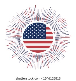 USA sign. Country flag with colorful rays. Radiant sunburst with USA flag. Vector illustration.