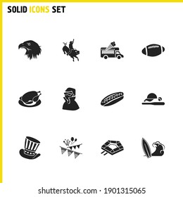 Usa signs icons set with fbi agent, hot dog and bald eagle elements. Set of usa signs icons and cowboy concept. Editable vector elements for logo app UI design.
