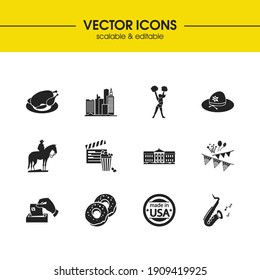 Usa signs icons set with popcorn, city skylines and police sheriff hat elements. Set of usa signs icons and skyscraper concept. Editable vector elements for logo app UI design.