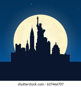 Usa Silhouette der Attraktion. Reisebanner mit Mond auf Nachthintergrund. Reisen Sie ins Land. Reisende Illustration