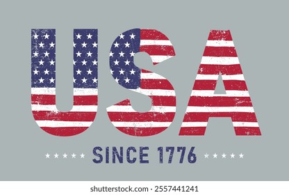 USA Since 1776 Flag Design. Template brush stroke grunge American flag USA since 1776. Vector flag on white background. Text, typography for t shirt, clothes, texture, pattern, background.