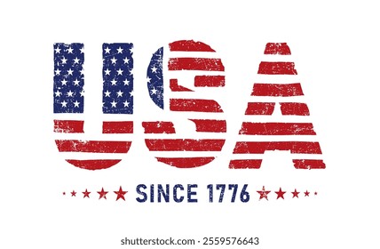 USA Since 1776 grunge flag design. Red and blue color. Template brush stroke grunge American flag USA since 1776. Vector flag text, typography for t shirt, clothes, texture, pattern, background.
