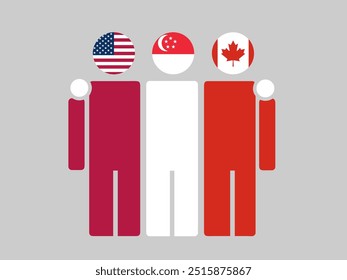 USA, Singapore, and Canada National Flags With Embracing Body. Vector Illustration. Isolated background.