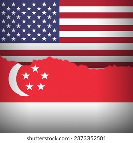 USA and Singapore flags depicted with a price line chart. Fluctuation graph with a sideways trend. Burlap textured. Banking and trade relations concept.