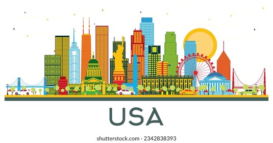 USA Skyline with Color Skyscrapers and Landmarks isolated on white. Vector Illustration. Business Travel and Tourism Concept with Modern Architecture.