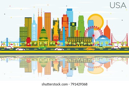 USA Skyline with Color Skyscrapers, Landmarks and Reflections. Vector Illustration. Business Travel and Tourism Concept with Modern Architecture. Image for Presentation Banner Placard and Web Site.