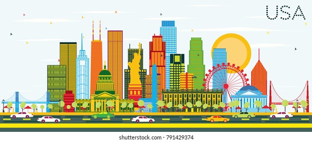 USA Skyline with Color Skyscrapers and Landmarks. Vector Illustration. Business Travel and Tourism Concept with Modern Architecture. Image for Presentation Banner Placard and Web Site.