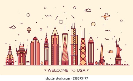 USA skyline, detailed silhouette, trendy vector illustration, linear style