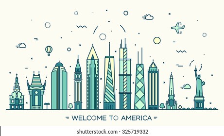 USA skyline, detailed silhouette. Welcome to America trendy vector illustration, linear style