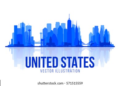 USA skyline. Flat vector illustration. collage from united states city in panorama skyline. Business travel and tourism concept. Image for presentation, banner, web site.