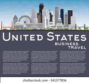 USA Skyline with Gray Skyscrapers, Landmarks and Copy Space. Vector Illustration. Business Travel and Tourism Concept with Modern Architecture. Image for Presentation Banner Placard and Web Site.