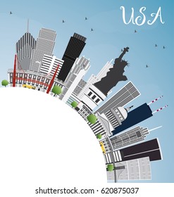 USA Skyline with Gray Skyscrapers, Landmarks and Copy Space. Vector Illustration. Business Travel and Tourism Concept with Modern Architecture. Image for Presentation Banner Placard and Web Site.