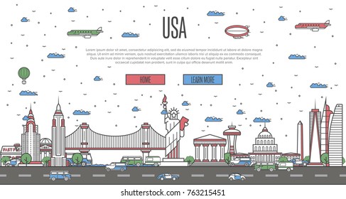 USA skyline with national famous landmarks in trendy linear style. Worldwide traveling vector concept, touristic tour advertising with american historic architectural attractions on white background.