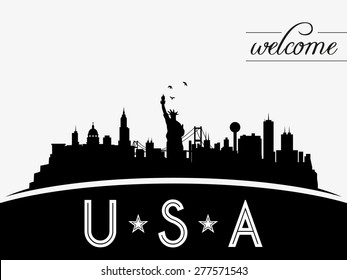 USA skyline silhouette, black and white design, vector illustration