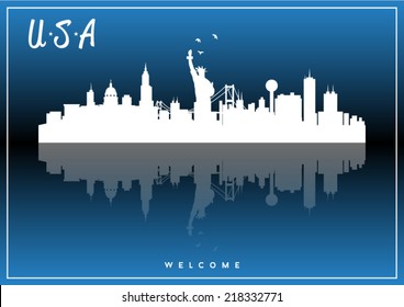 USA skyline silhouette vector design on parliament blue background.
