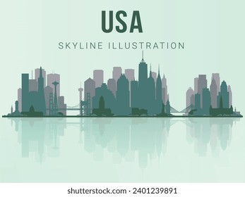 USA skyline. United states skyline and landmarks silhouette, light green tone gradient design, vector illustration. USA skyline horizontal banner. skyline in flat style.Vector template for your design