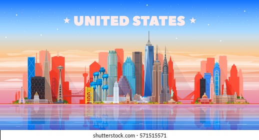 USA skyline. Vector illustration. collage from united states city in panorama skyline