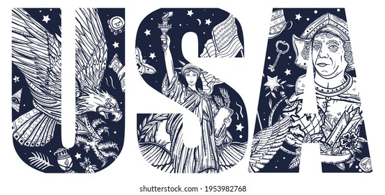 USA slogan. Double exposure lettering. United states of America concept. Statue of liberty, eagle, flag, map.Typography art. Patriotic tattoo style. Vector graphics 