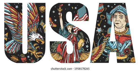 USA slogan. Statue of liberty, eagle, flag, map.Typography art. Patriotic tattoo style. Vector graphics. Double exposure lettering. United states of America concept 