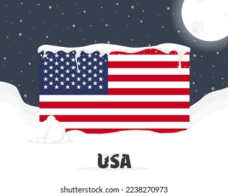 USA snowy weather concept, cold weather and snowfall, USA weather forecast winter banner idea, snow cap on flag with snowballs and moon, blizzard and adverse weather conditions