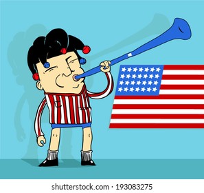 USA soccer fan blowing a vuvuzela horn with a jester hat in front of a american flag