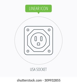 USA socket icon. Electricity power adapter sign. Linear outline circle button. Vector