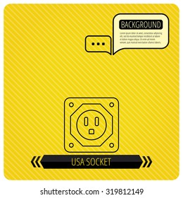 USA socket icon. Electricity power adapter sign. Chat speech bubbles. Orange line background. Vector.