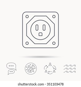 USA socket icon. Electricity power adapter sign. Global connect network, ocean wave and chat dialog icons. Teamwork symbol.